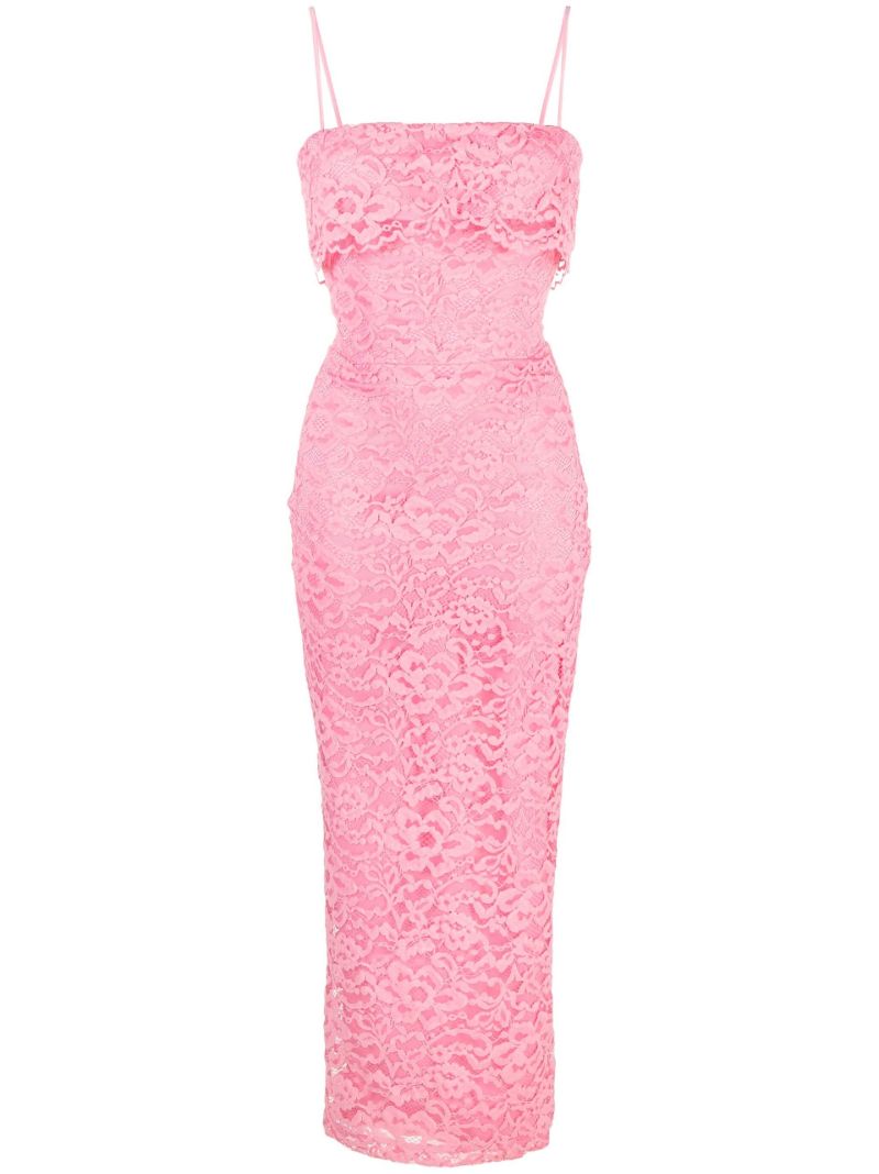Pink Floral Lace Fitted Midi Dress