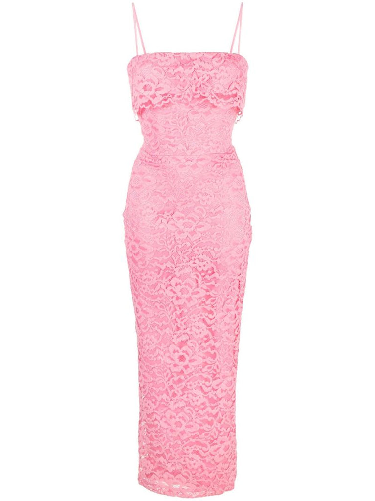 Pink Floral Lace Fitted Midi Dress