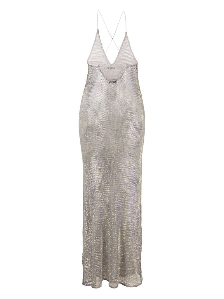 Silver Crystal-embellished Sheer Mesh Maxi Dress