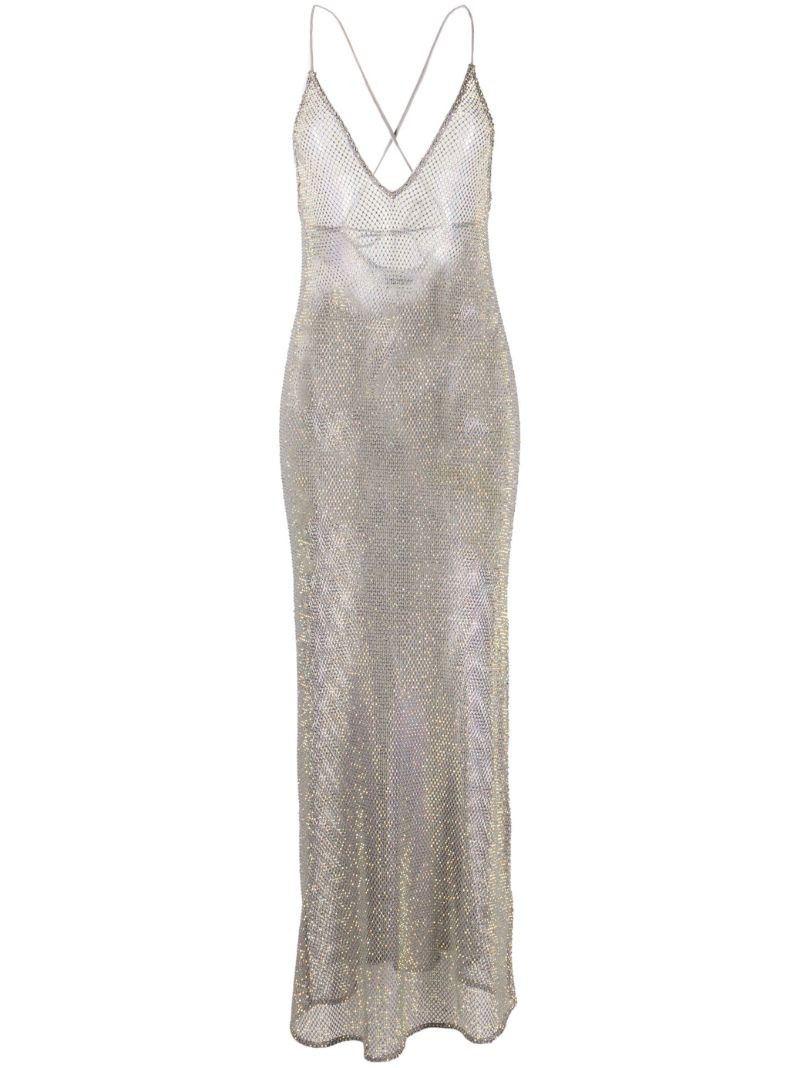Silver Crystal-embellished Sheer Mesh Maxi Dress