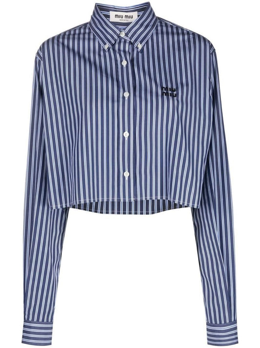 Blue Striped Cotton Cropped Shirt