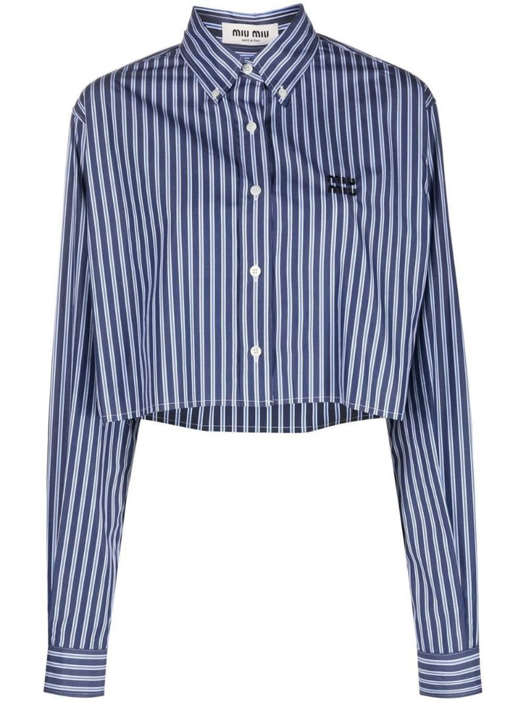 Blue Striped Cotton Cropped Shirt