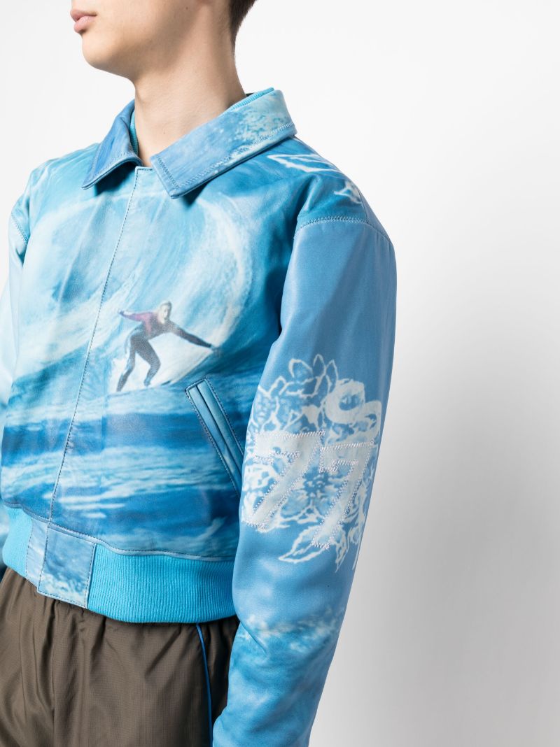 Blue Graphic Print Leather Bomber Jacket