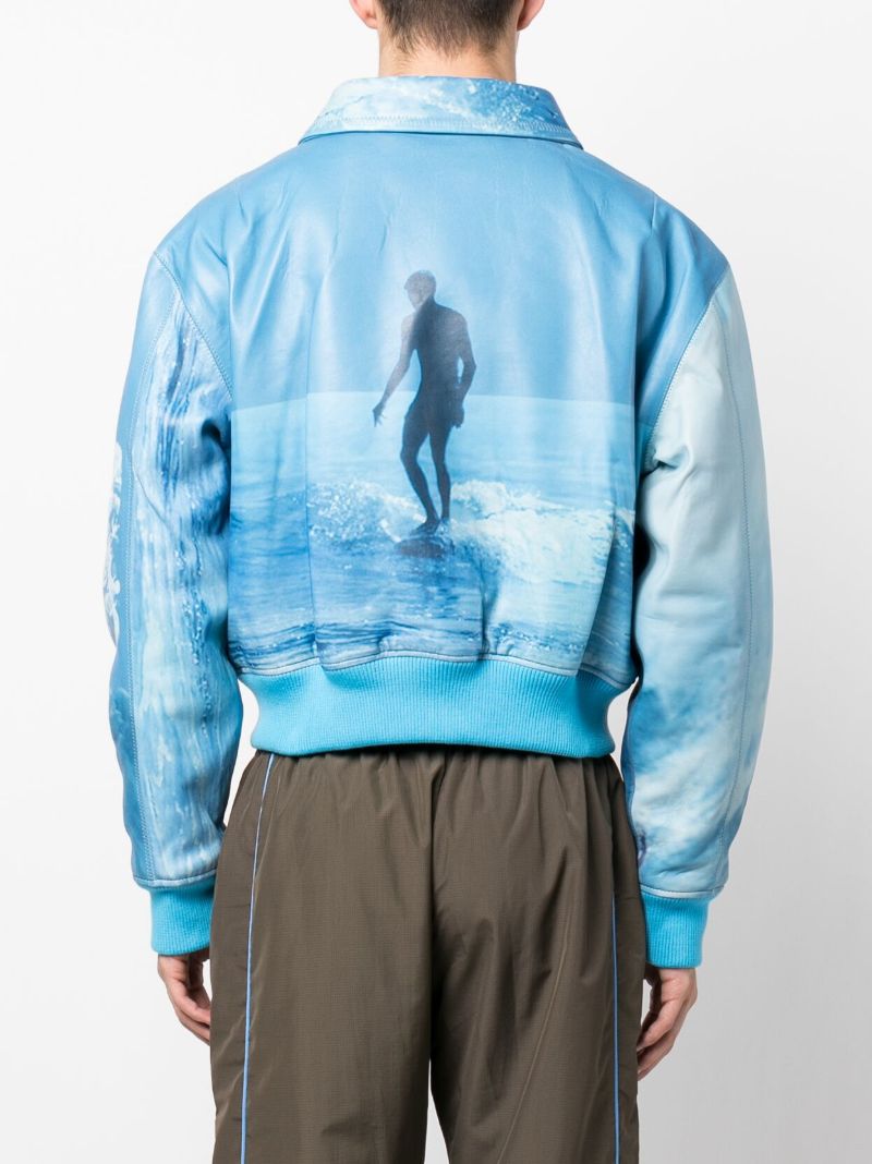 Blue Graphic Print Leather Bomber Jacket