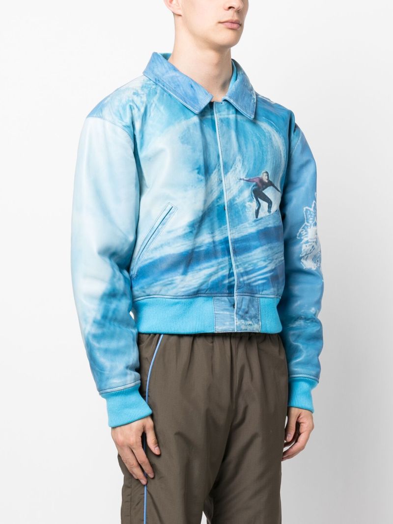 Blue Graphic Print Leather Bomber Jacket