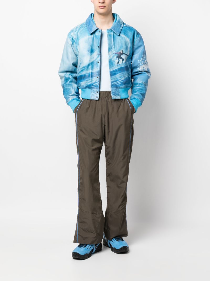 Blue Graphic Print Leather Bomber Jacket