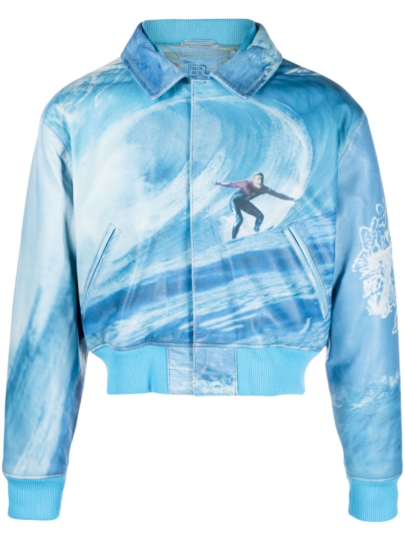 Blue Graphic Print Leather Bomber Jacket