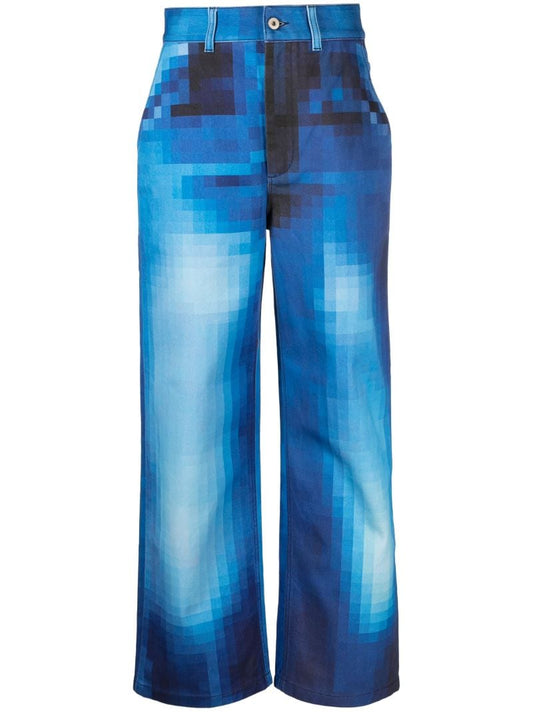 Blue Pixel Print Straight-leg Jeans