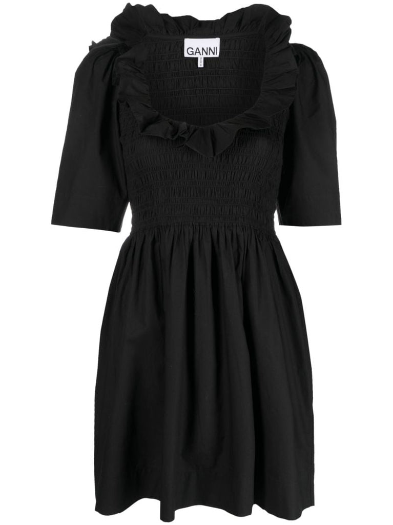 Black Smocked Organic Cotton Mini Dress