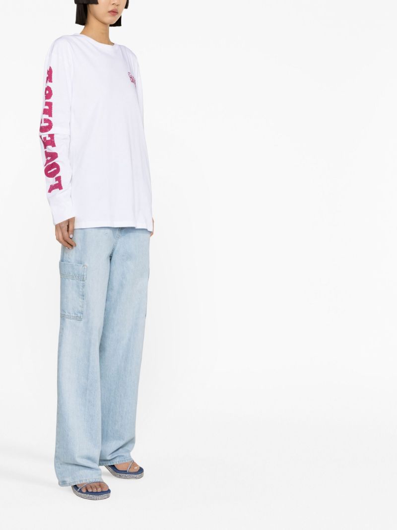 White Logo Print Long Sleeve Top