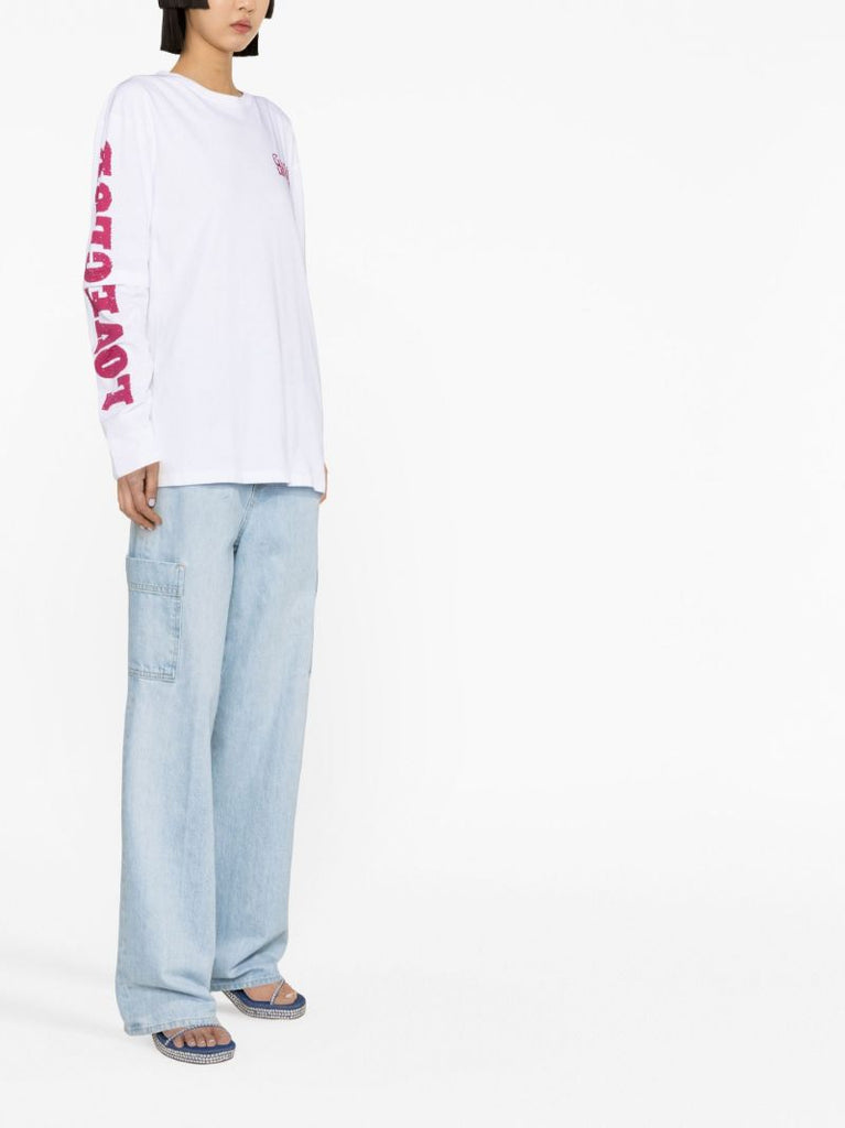 White Logo Print Long Sleeve Top