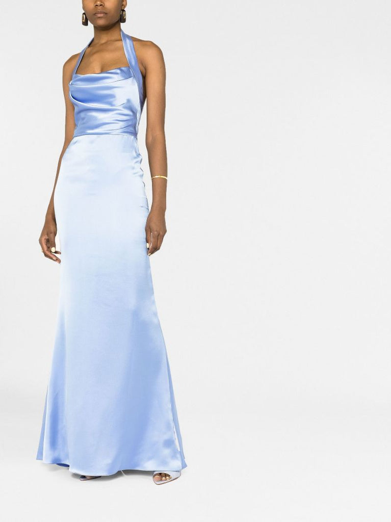 Blue Satin Halterneck Gown