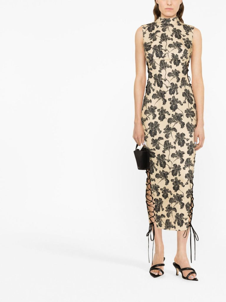 Neutral Elena Lace-up Midi Dress