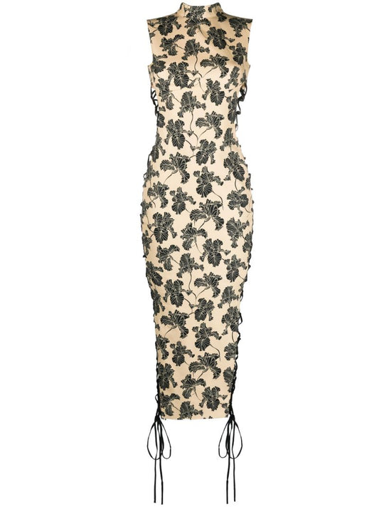 Neutral Elena Lace-up Midi Dress