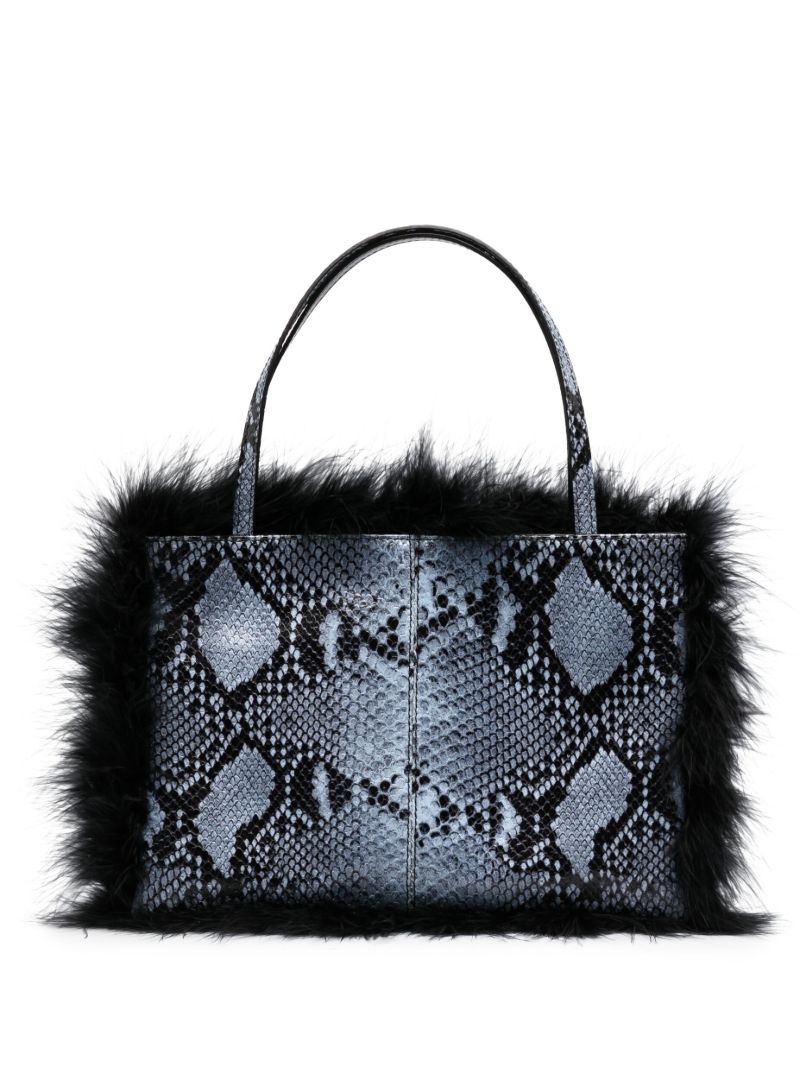 Blue Suki Snakeskin-effect Feather-trim Tote Bag