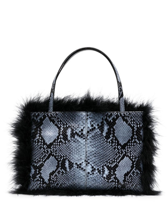 Blue Suki Snakeskin-effect Feather-trim Tote Bag