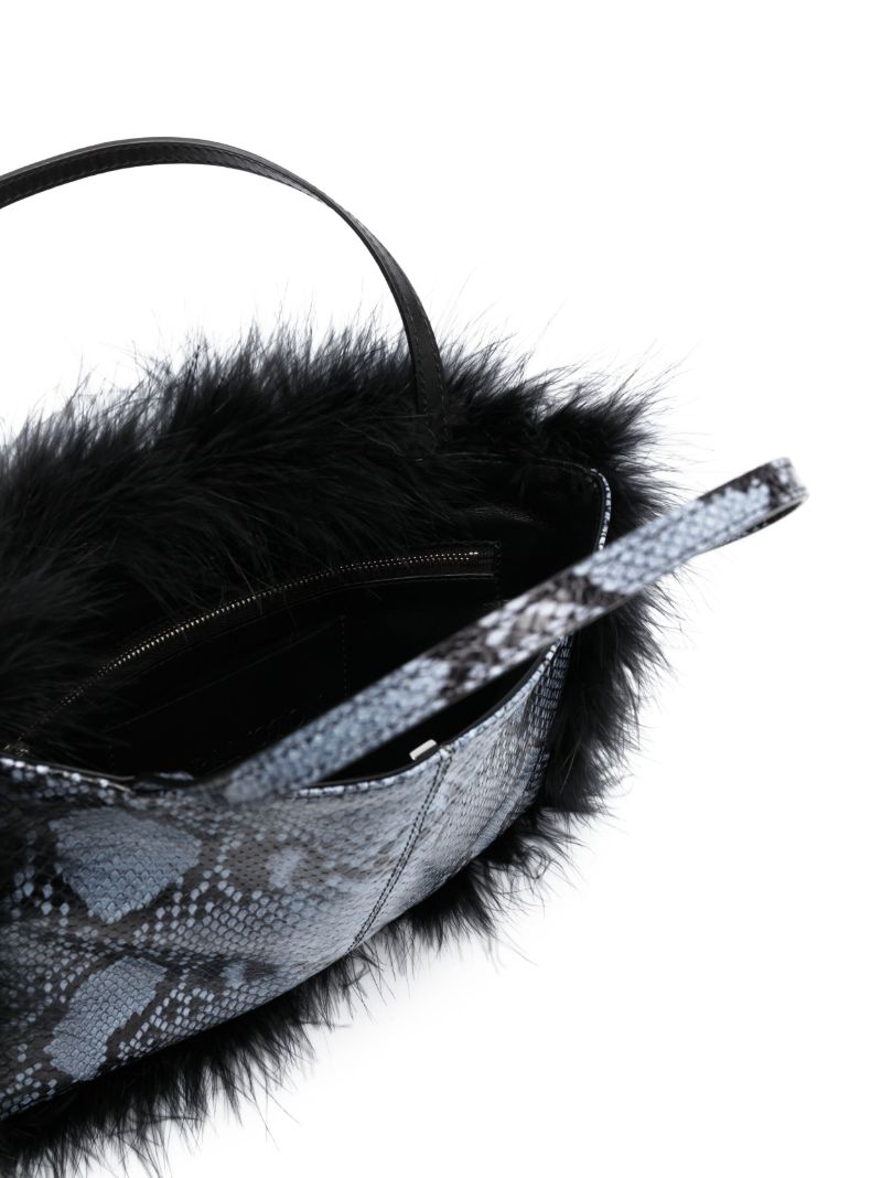 Blue Suki Snakeskin-effect Feather-trim Tote Bag