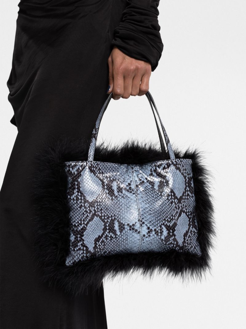 Blue Suki Snakeskin-effect Feather-trim Tote Bag