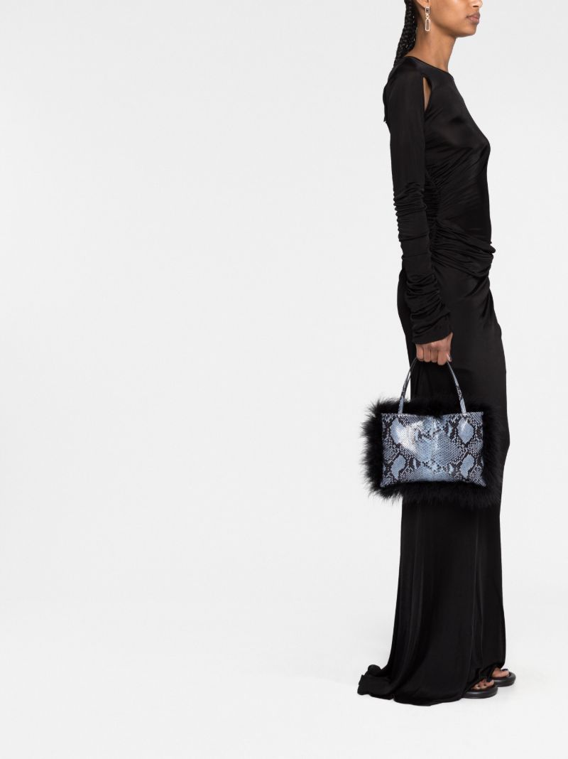 Blue Suki Snakeskin-effect Feather-trim Tote Bag