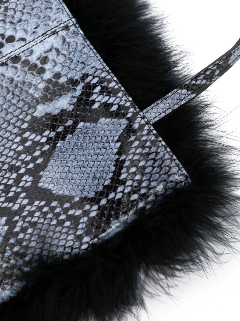 Blue Suki Snakeskin-effect Feather-trim Tote Bag