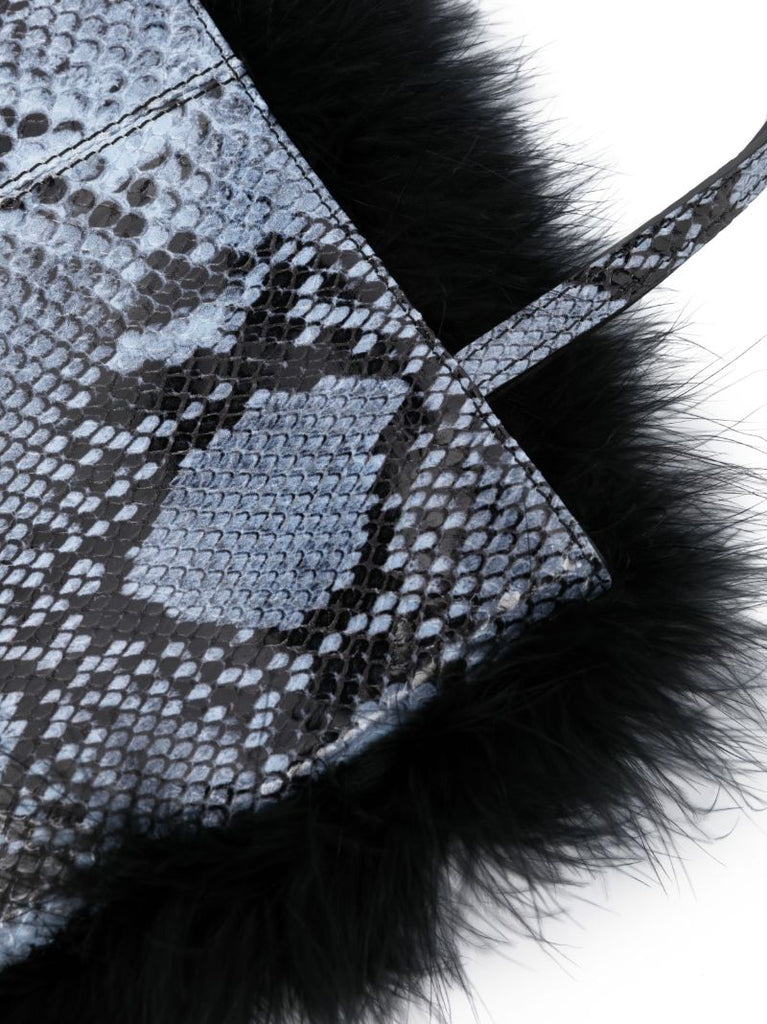 Blue Suki Snakeskin-effect Feather-trim Tote Bag