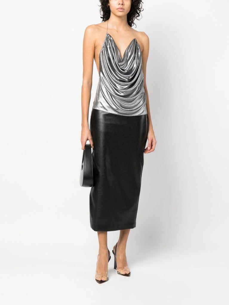 Silver Laminated Draped Top