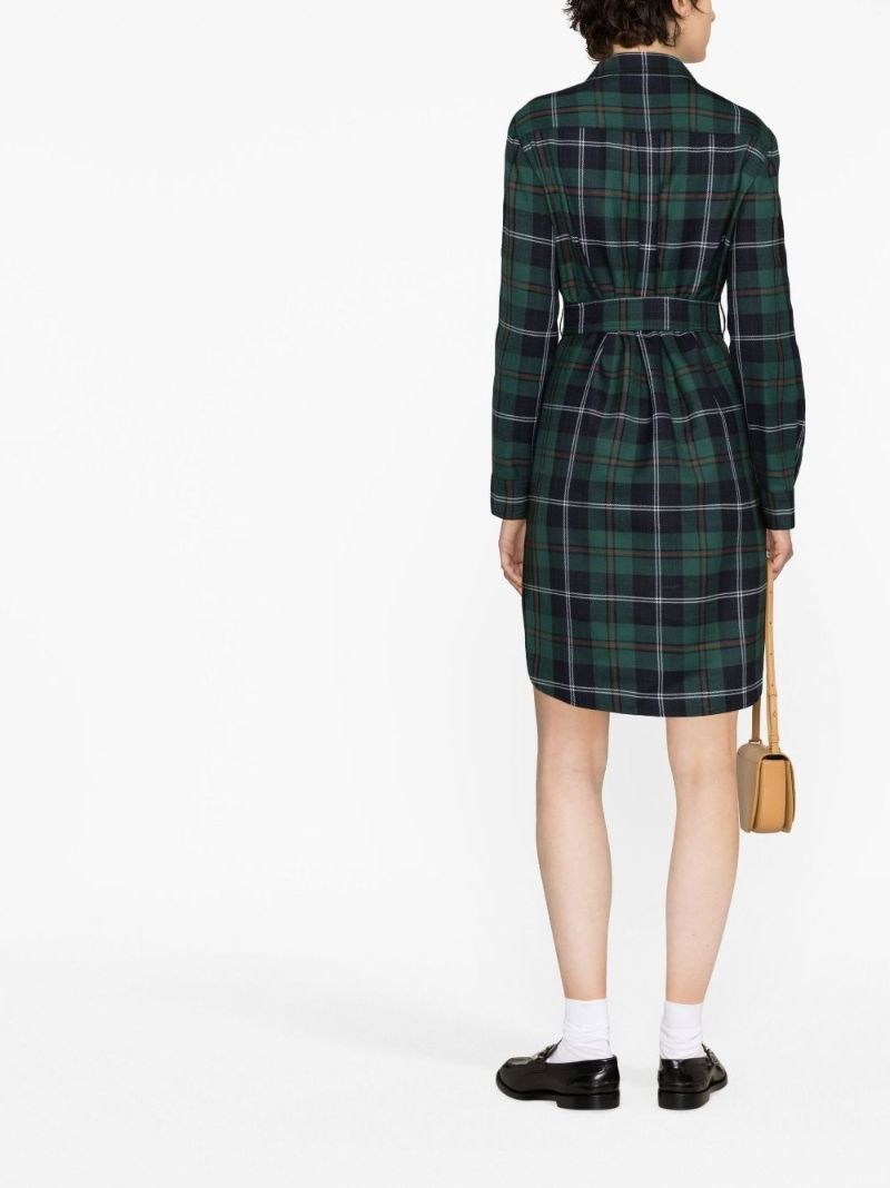 Green Checked Belted Wool Dress