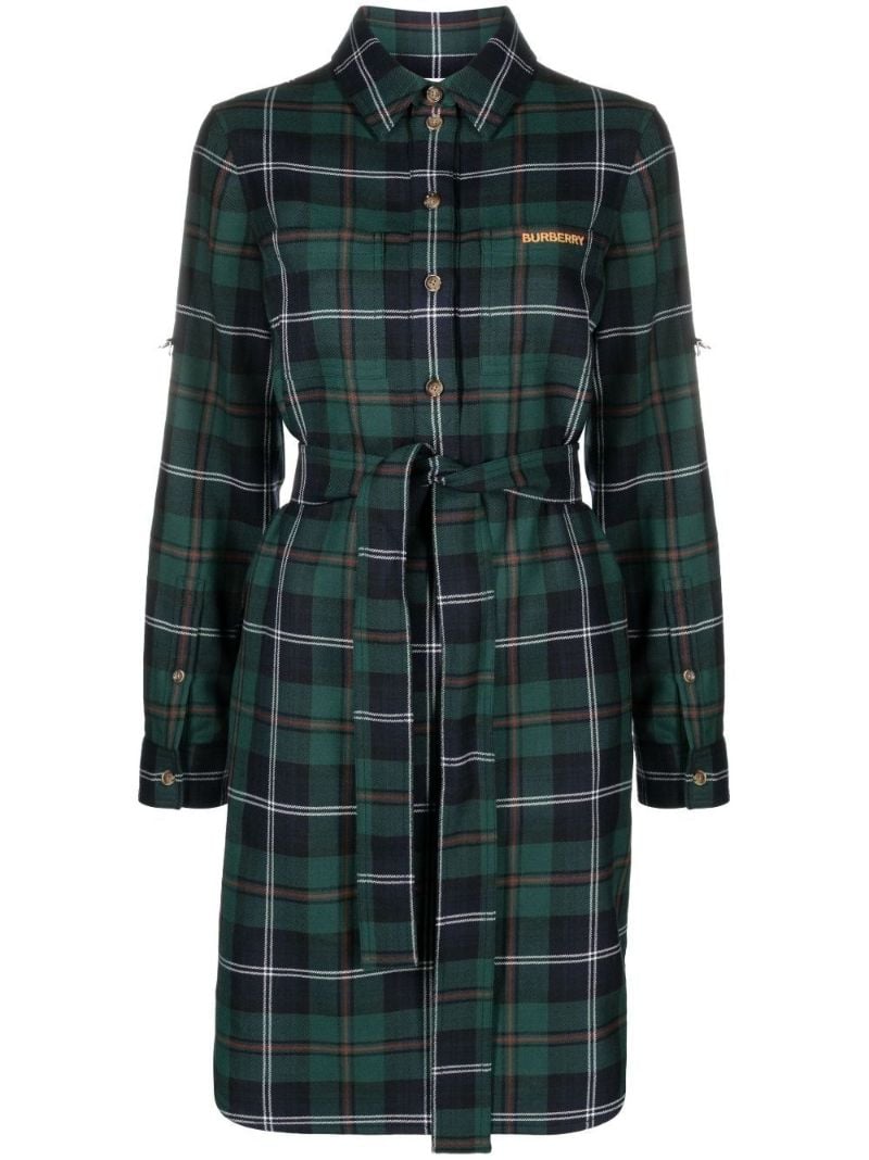 Green Checked Belted Wool Dress