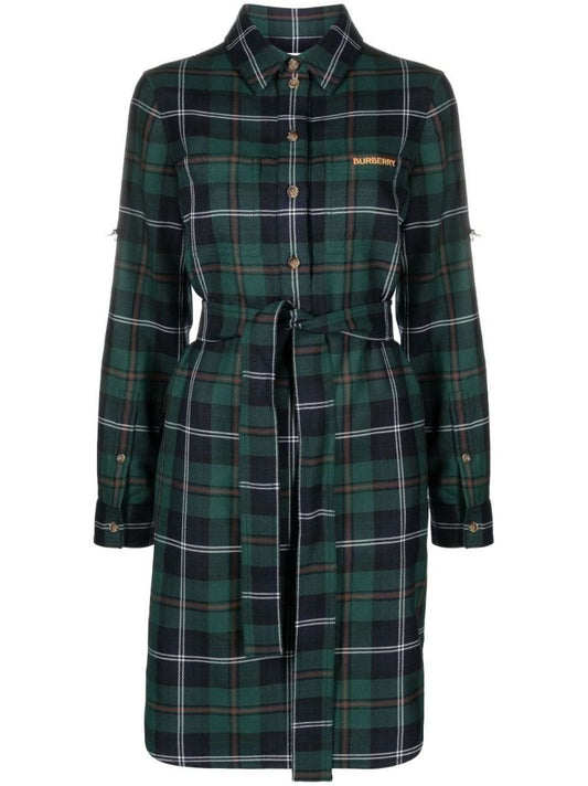 Green Checked Belted Wool Dress