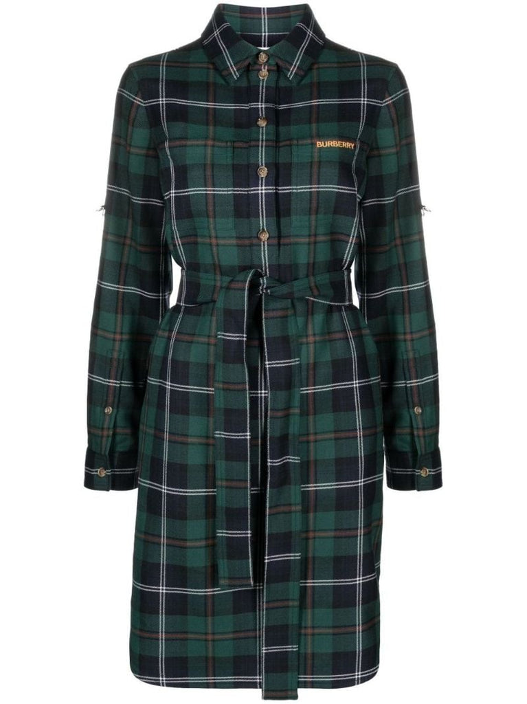 Green Checked Belted Wool Dress