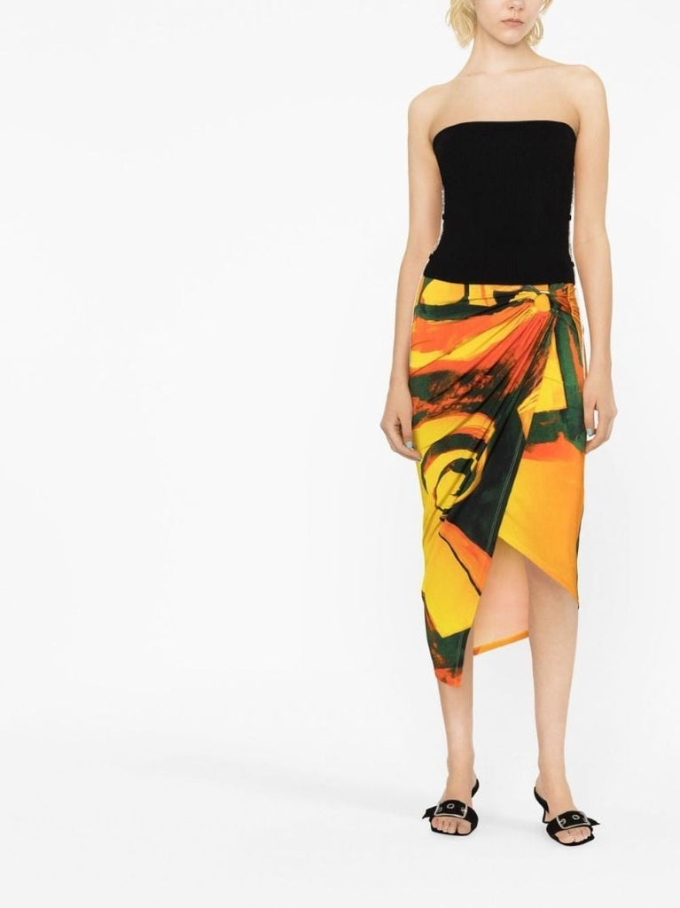 Yellow Coastline Checkmate Print Wrap Midi Skirt