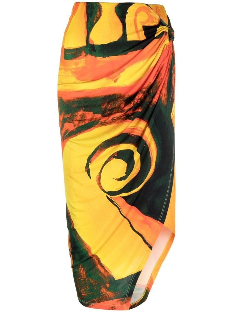 Yellow Coastline Checkmate Print Wrap Midi Skirt