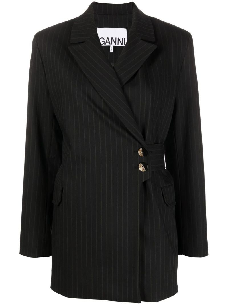 Black Pinstripe Asymmetric-front Blazer
