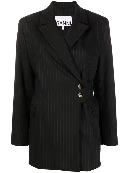 Black Pinstripe Asymmetric-front Blazer