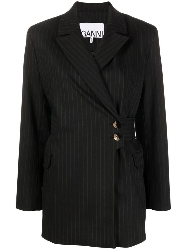 Black Pinstripe Asymmetric-front Blazer