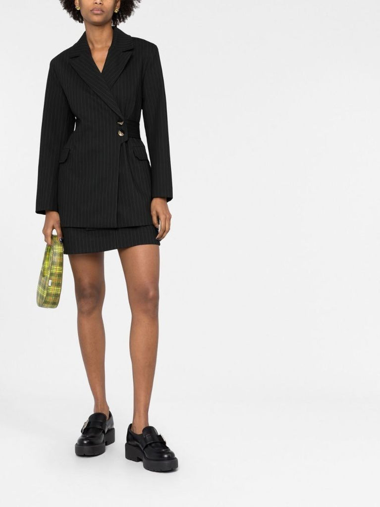 Black Pinstripe Asymmetric-front Blazer