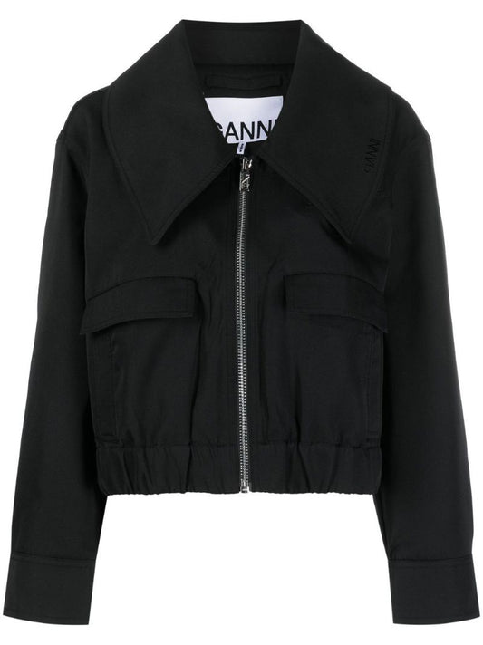 Black Wide Collar Twill Jacket