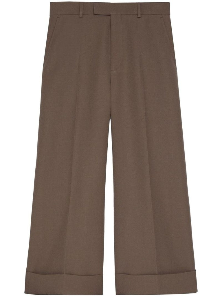 Brown Cropped Wool Gabardine Trousers