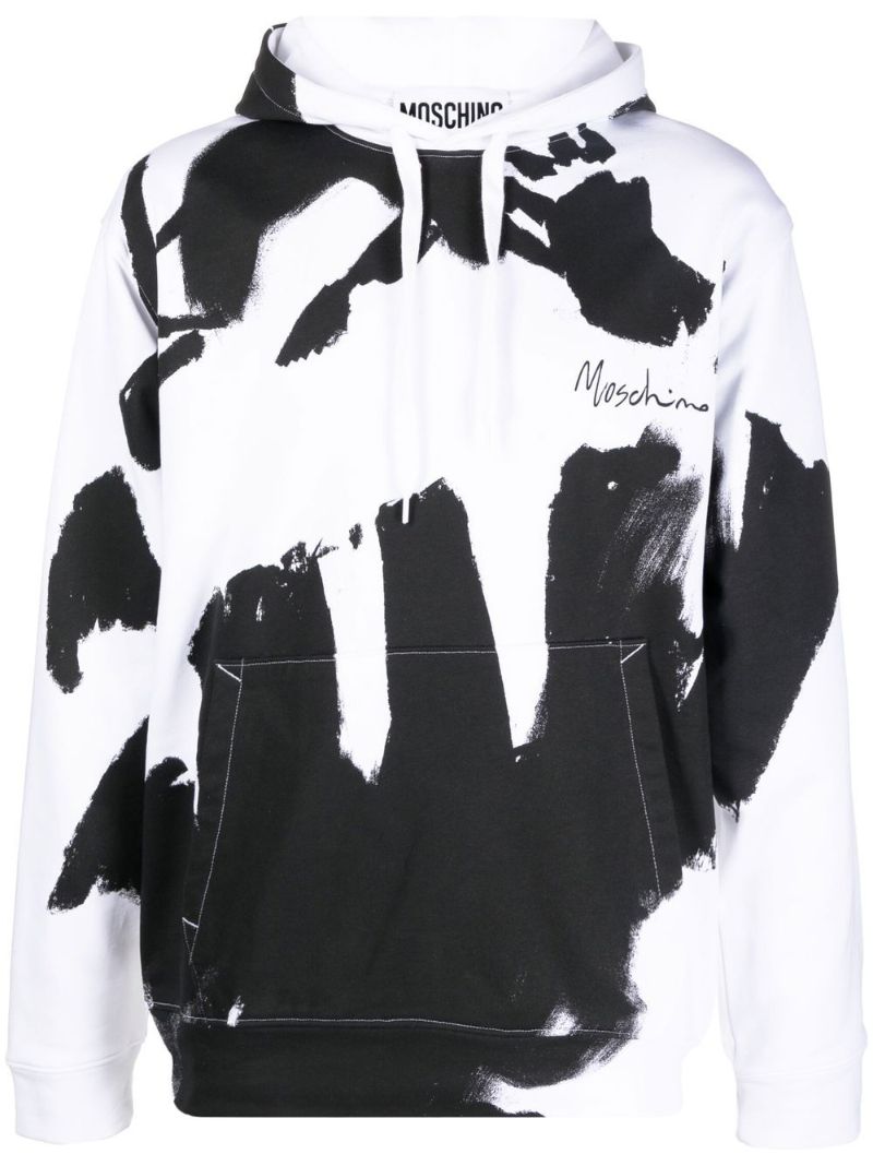 White and Black Graphic Logo Print Hoodie