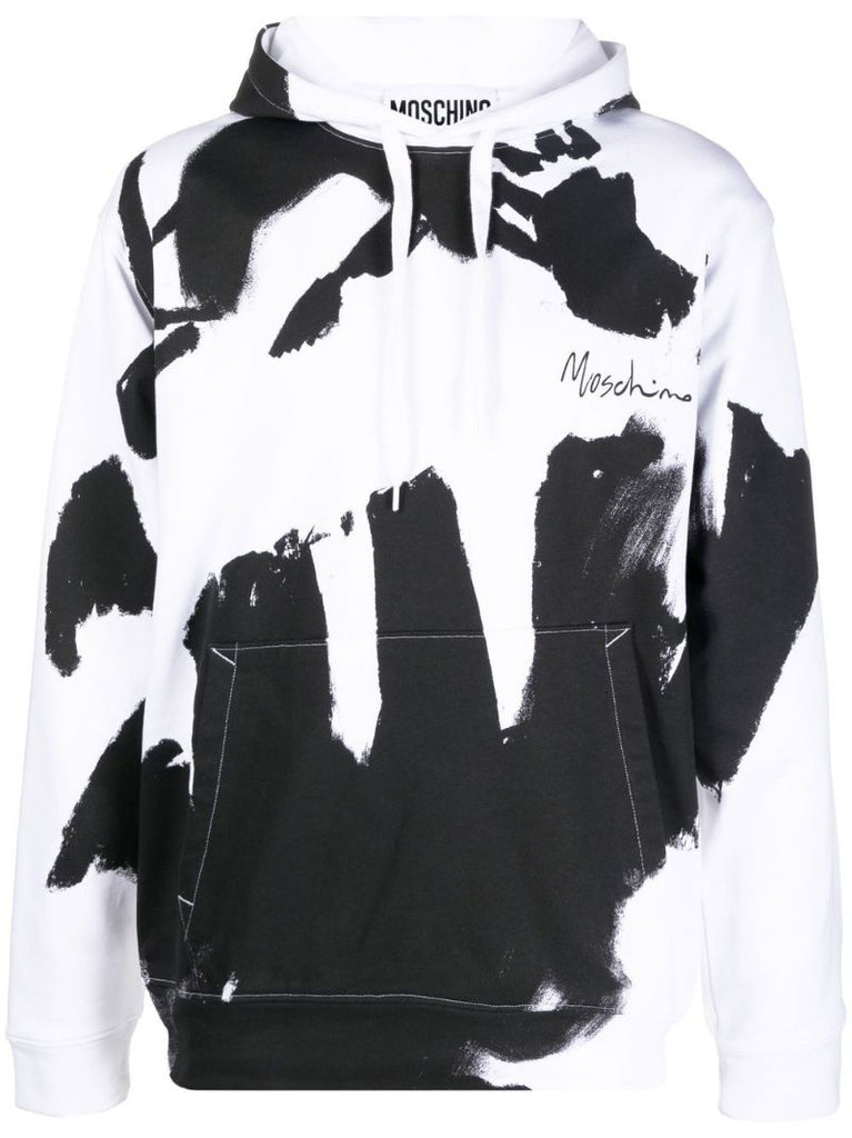 White and Black Graphic Logo Print Hoodie