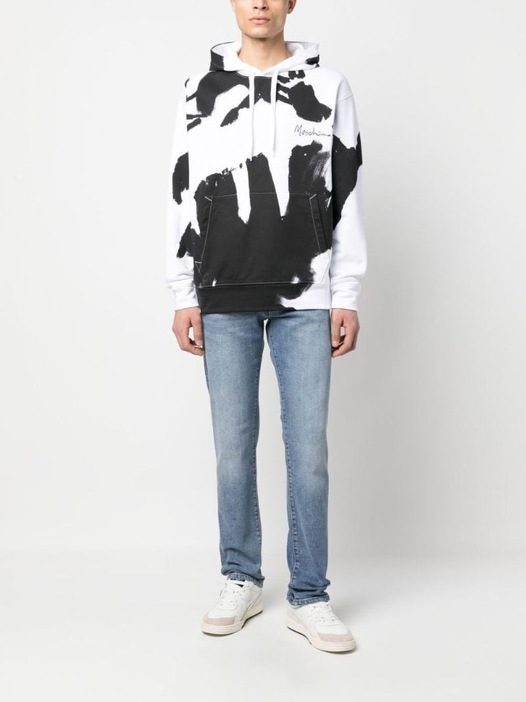 White and Black Graphic Logo Print Hoodie