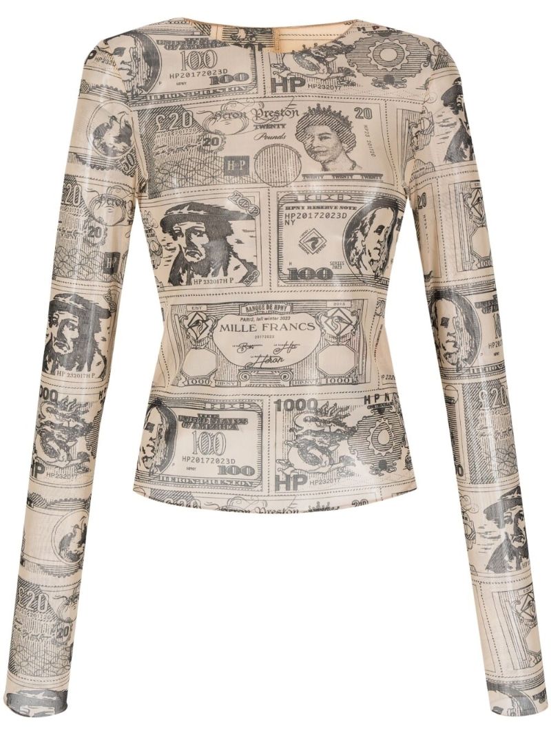 Neutral Currency-print Mesh Top