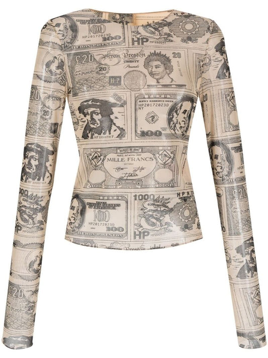 Neutral Currency-print Mesh Top