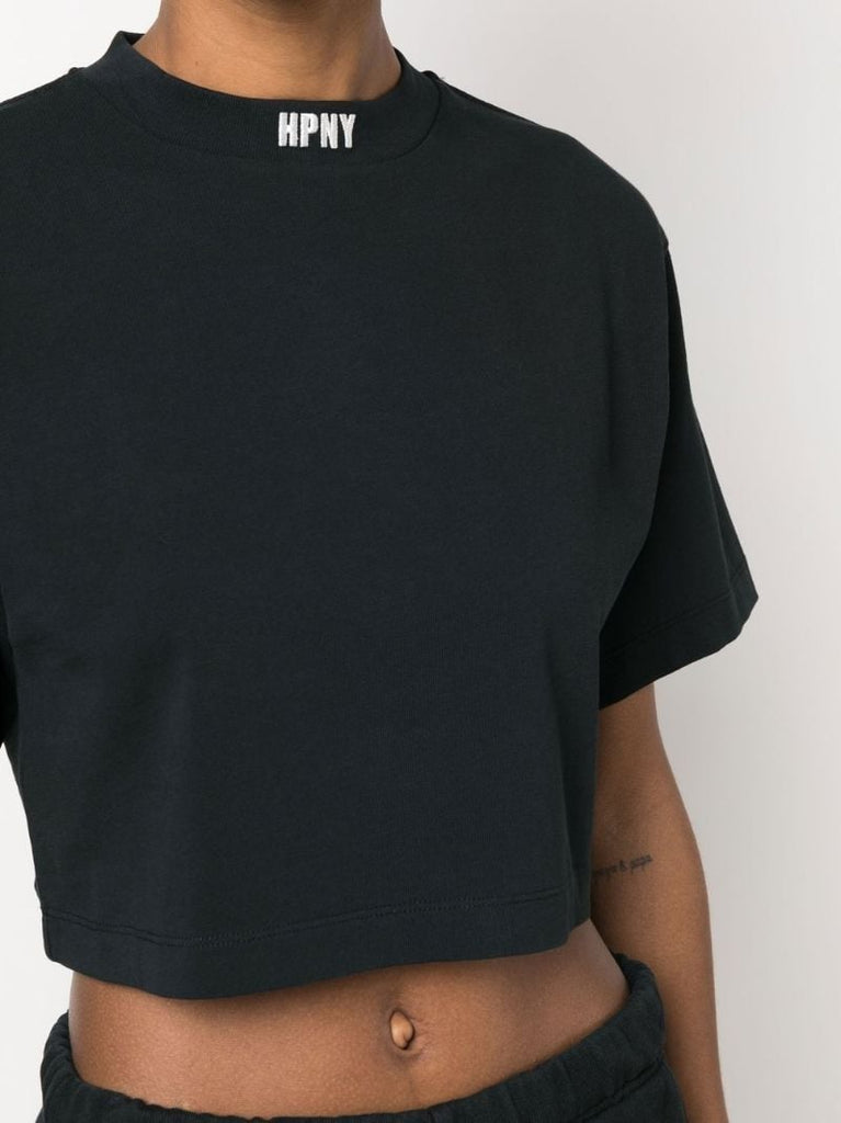 Black Embroidered Logo Cropped T-shirt