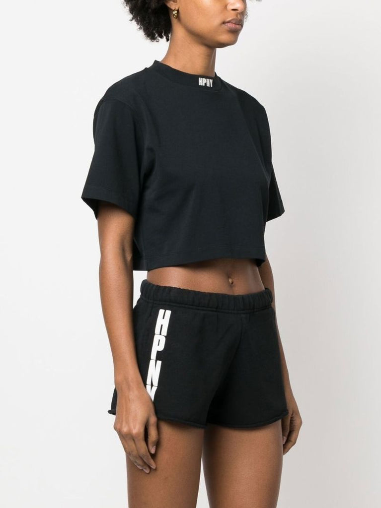Black Embroidered Logo Cropped T-shirt