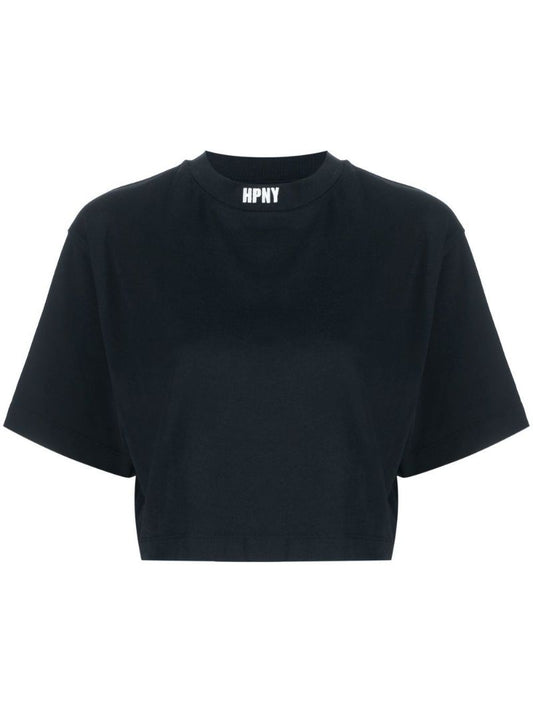 Black Embroidered Logo Cropped T-shirt