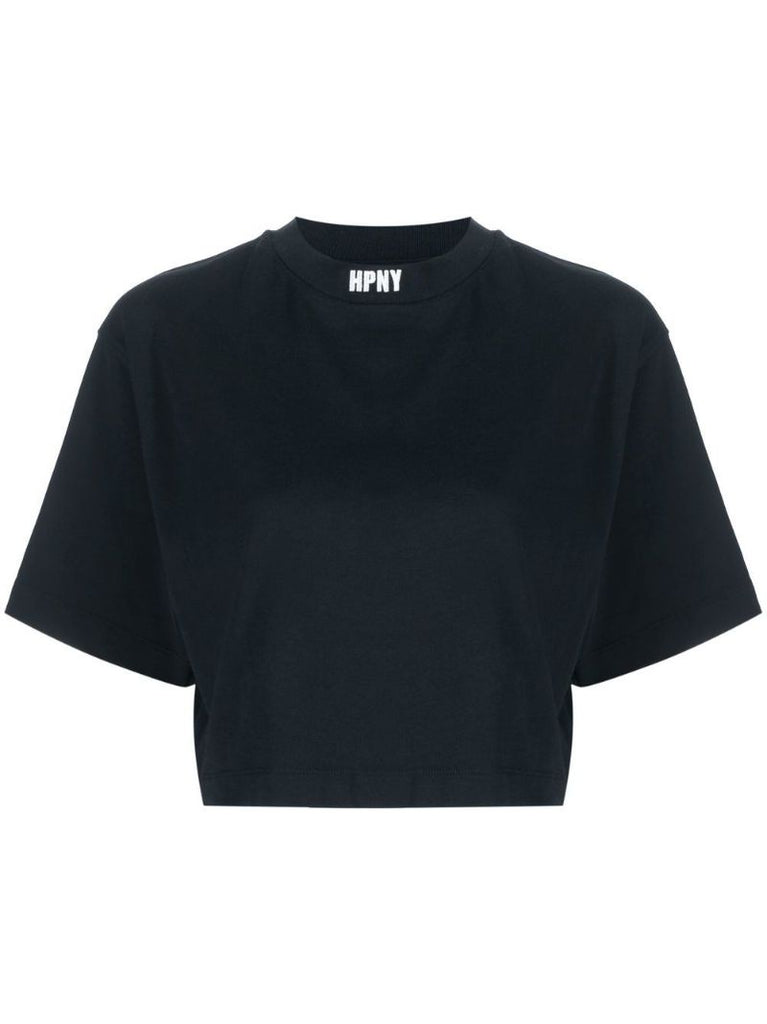 Black Embroidered Logo Cropped T-shirt
