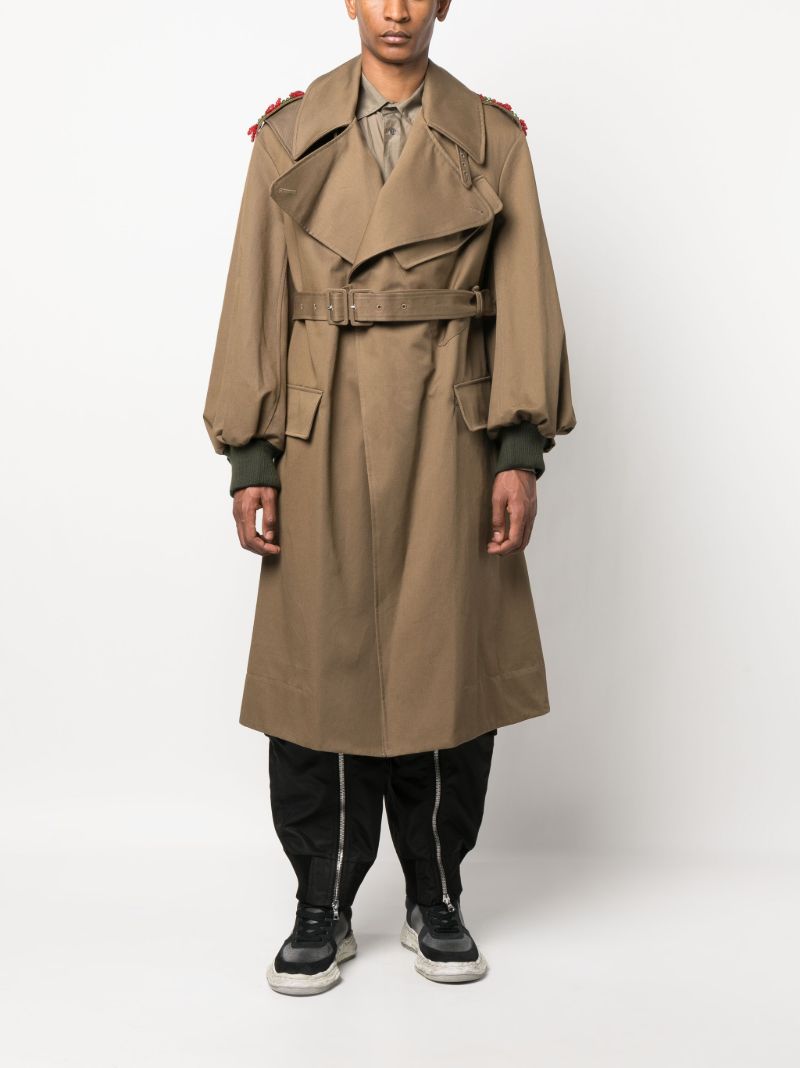 Green Beaded Double Buckle Trench Coat