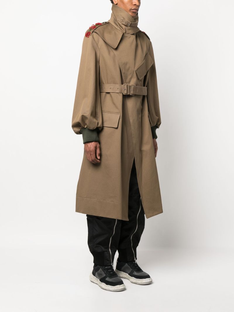 Green Beaded Double Buckle Trench Coat