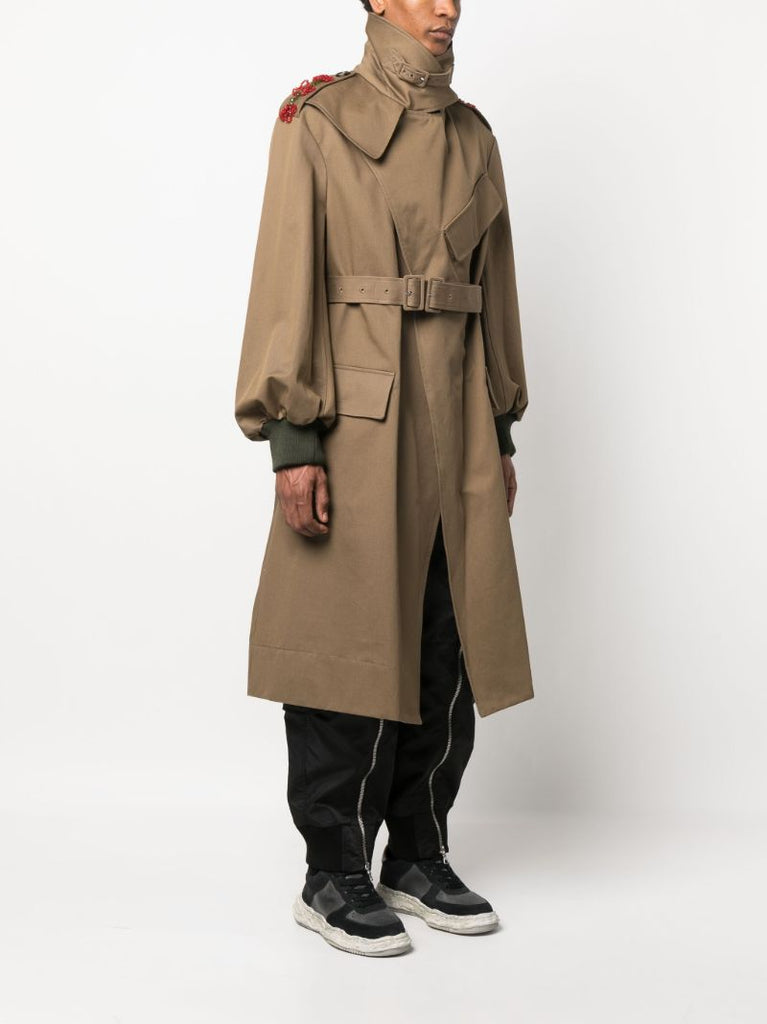 Green Beaded Double Buckle Trench Coat